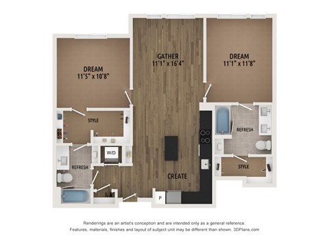 Floor plan for 2 beds, 2 baths, 969 sqft